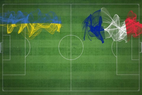 Ukraine vs France Soccer Match, national colors, national flags, soccer field, football game,