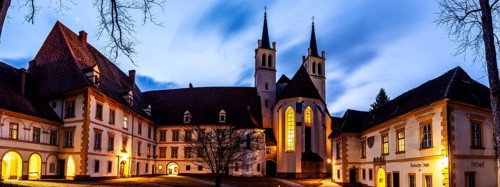 Abbey courtyard of Göß Abbey, blue hour, panoramic view, former monastery of the Benedictine nuns,