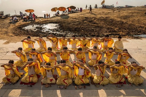 Students performing yoga varanasi uttar pradesh, india, asia