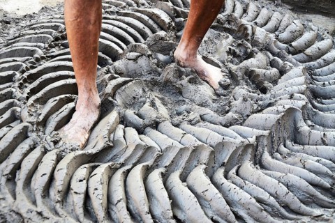 Potter legs crushing soil, jodhpur, rajasthan, india, asia