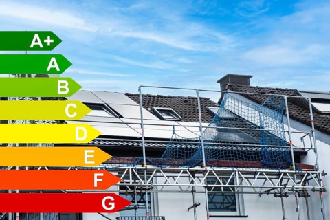 Scaffolding and solar panels on the roof of a detached house in Essen, energy efficiency classes