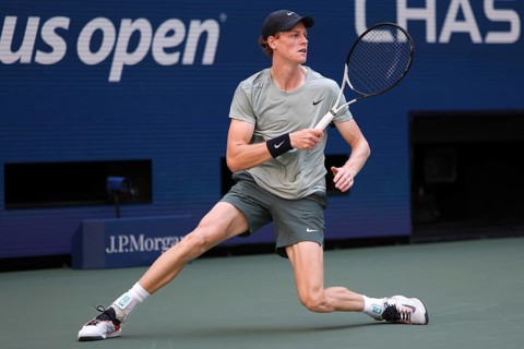 Tennis player Jannik Sinner of Italy in action at the US Open 2024 Championships, Billie Jean King