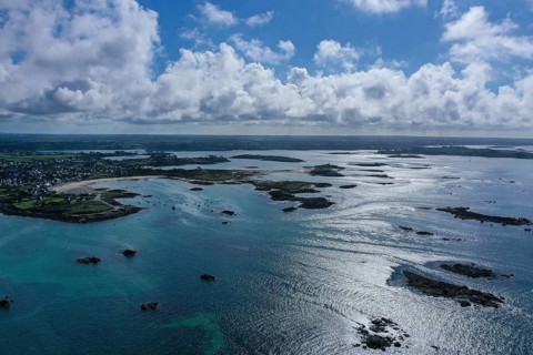 Aerial view of the coast of Plouguerneau with offshore islands at the mouth of the English Channel
