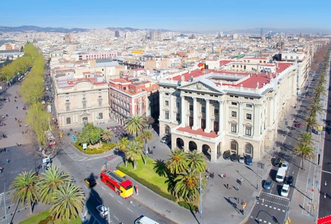 Aerial Barcelona view with Ramblas and Paseo passeig de Colon