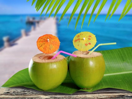 Coconut straw cocktails in tropical caribbean sea pier