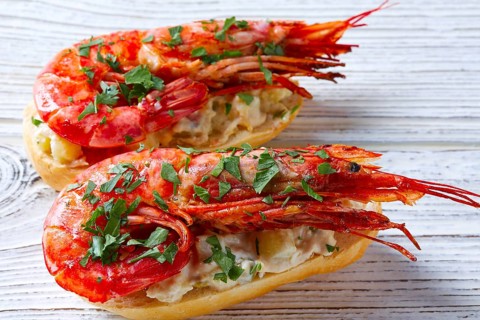 Shrimp pinchos with seafood Spain tapas recipe food pintxos