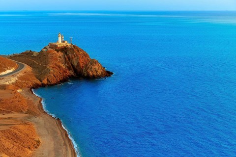 Almeria Cabo de Gata lighthouse sunset in Mediterranean sea of Spain