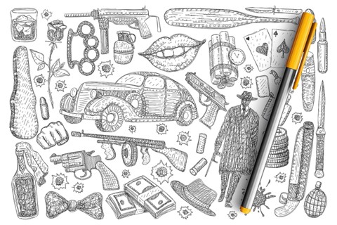 Crimes and robbery symbols doodle set. Collection of hand drawn gun money poison luxury car