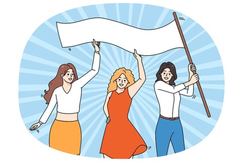 Smiling diverse women with banner for international woman day celebrate together. Happy female