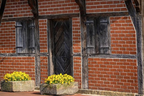 Detail of a brick wall with wooden framework elements and two flower boxes with yellow flowers,