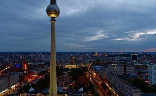 Berlin tv tower photographed during sunset, photographed from the opposite hotel viewing plattform