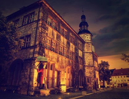 Stadt Nordhausen Rathaus sunset city hall with Roland figure in Thuringia Germany