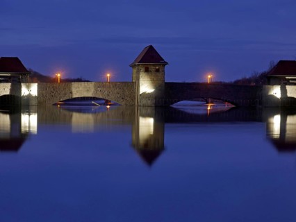 Leipzig's Palmengarten weir in the blue hour. Saxony, Germany, Europe