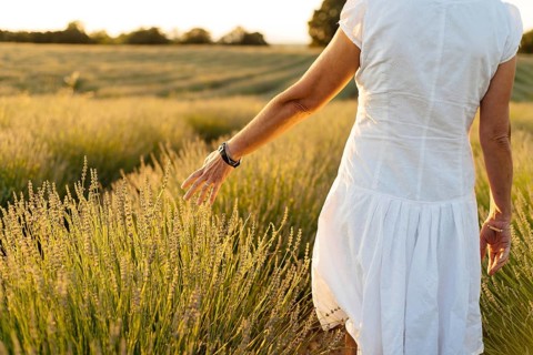 Beautiful woman in a white dress walks in the lavender field