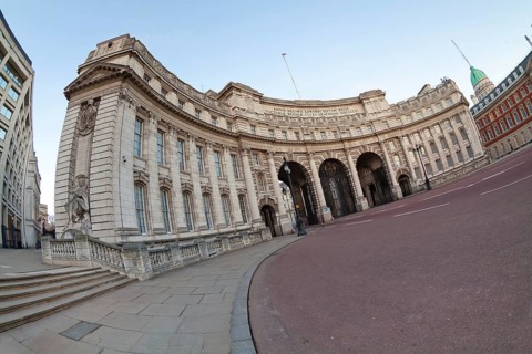 Admiralty Arch in London, England, United Kingdom. Shot taken fisheye wide angle lens, which
