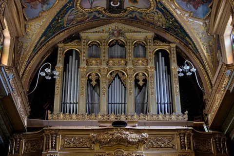 The organ loft of the Collegiate Parish Church of St Paul's Shipwreck, Valletta, Malta, Europe