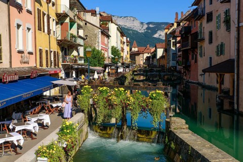 View of Thiou river and the old city of Annecy, the largest city of Haute-Savoie department in