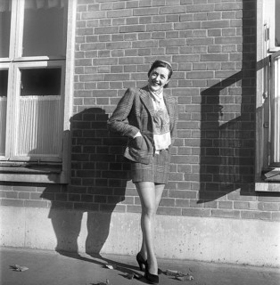 Nylon stockings in the 1950s. The model Solveij Nyhlén pictured outside the swedish factory of