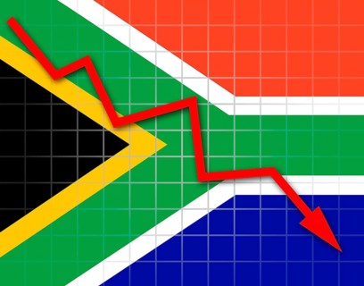 The Republic of South Africa flag and arrow graph going down