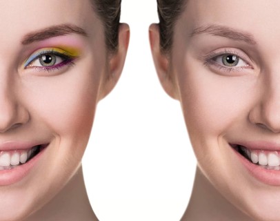 Comparative portrait of female face, without and with makeup