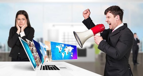 Businessman stands near laptop with many screens and scream to loudspeaker. Elements of this image