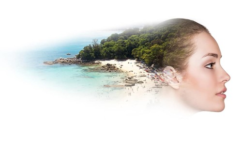 Double exposure of beautiful young woman beach over white background