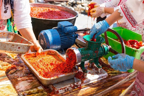 Ajvar (Ljutenica) is a pepper-based condiment made principally from red bell peppers. It may also
