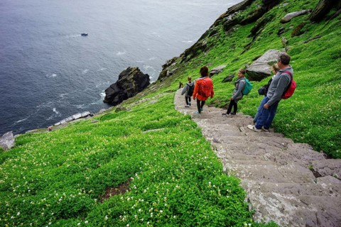 Visitors on the steep path up to the monastery, Skellig Michael island, Mainistir Fhionáin (St.