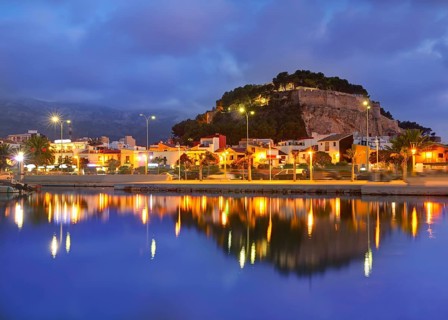 Denia port sunset dusk in marina at Alicante Mediterranean Spain