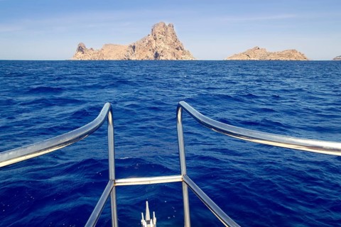 Boat bow in Es Vedra of Ibiza island at Balearic Islands