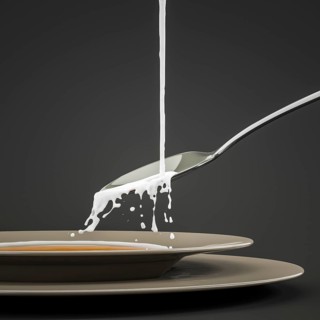 Some milk splashing at the spoon 3d illustration