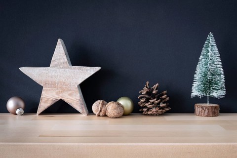 Christmas decoration glass balls with wooden star and fir tree
