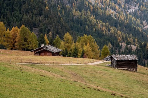 Wooden travel cabin tourist houses outdoor in the hill. Alpe di siusi Seiser alm Italy