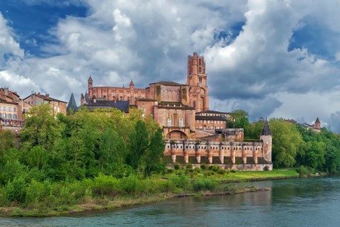 View of cathedral and Berbie palace from Tarn river, Albi, France, Europe