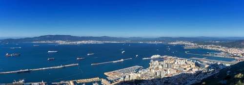 Gibraltar, United Kingdom, 27 April, 2024: panorama view of Gibraltar and the airport with La Linea