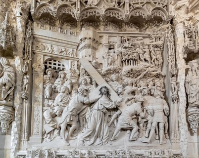 Burgos, Spain, 14 April, 2024: sculpture of Jesus carrying the cross on the retrochoir wall of the