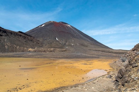 Hiking the Tongariro Alpine Crossing, view of Mt Ngauruhoe, North Island of New Zealand