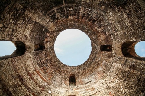 View up on a giant cupola of the Diocletian palace in Split, Croatia, Europe