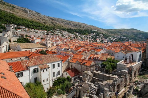 Cityscape of ancient downtown Dubrovnik seen from the city wall, Croatia, Europe