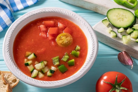 Gazpacho Andaluz is an Andalusian tomato cold soup from Spain with cucumber, garlic, pepper on