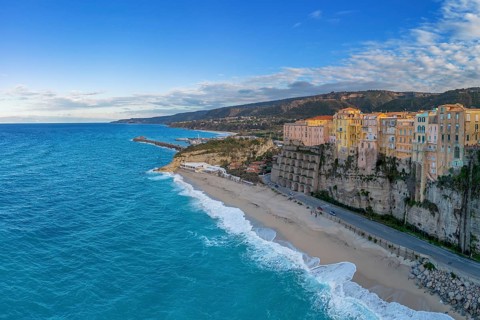 Tropea, Italy, 16 December, 2023: view of Rotonda Beach and the colourful old town of Tropea in