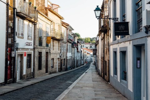 Santiago de Compostela, Spain, July 18, 2020: Street in historical centre of Santiago de