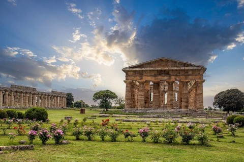 Beautiful old historical centre with ruins. Evening sunshine and the Temple of Athena in Paestum,