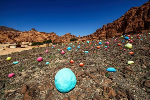 Desert X art project, Mohammed Ahmed Ibrahim - falling stones garden, Eco Luxury Hotel Our Habitas,