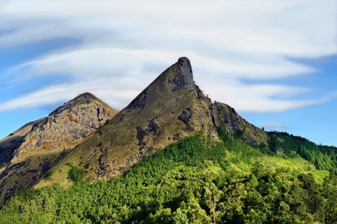 Two rocky mountain tops and valley, Kolukkumalai, Western Ghats, Suryanelli, Theni, Tamil Nadu,