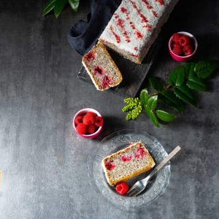 Poppy seed cake with raspberries and desiccated coconut