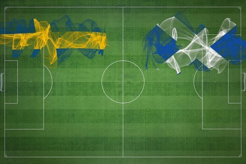 Sweden vs Scotland Soccer Match, national colors, national flags, soccer field, football game,