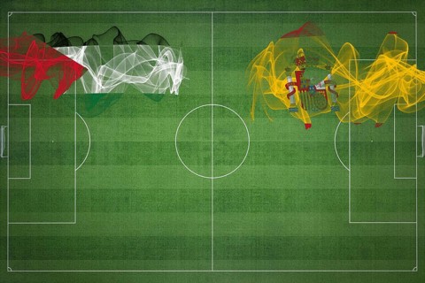 Palestine vs Spain Soccer Match, national colors, national flags, soccer field, football game,