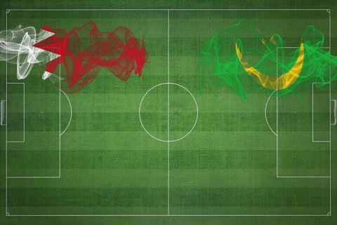 Bahrain vs Mauritania Soccer Match, national colors, national flags, soccer field, football game,