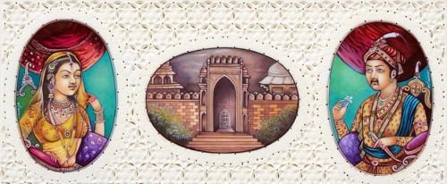 Miniature painting of Mughal Emperor Akbar With Wife Jodha Bai